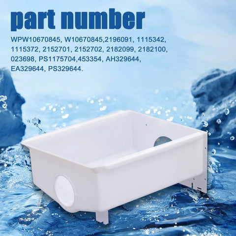 Ultra Durable Ice Maker Replacement Part WPW10670845 AP6023698 For Refrigerator Ice Bucket Compatible With Whirlpool Kenmore KitchenAid Amana No Brainer Install For Models 2196091 1115342 1115372 2152701 white plastic ice bucket shown in water