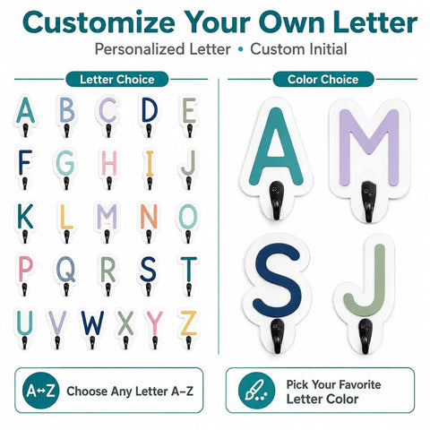 Hella Slick Personalized Wooden Wall Hook With Custom Letter Design For Super Kickass Towel Organization In Your Bathroom Bedroom Or Entryway Plus Fresh White Finish showing various letter options and colors.