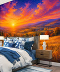 Classic Countryside Landscape Peel And Stick Wallpaper showcasing vibrant sunset over hills in a cozy bedroom setting.