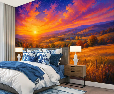 Classic Countryside Landscape Peel And Stick Wallpaper showcasing vibrant sunset over hills in a cozy bedroom setting.