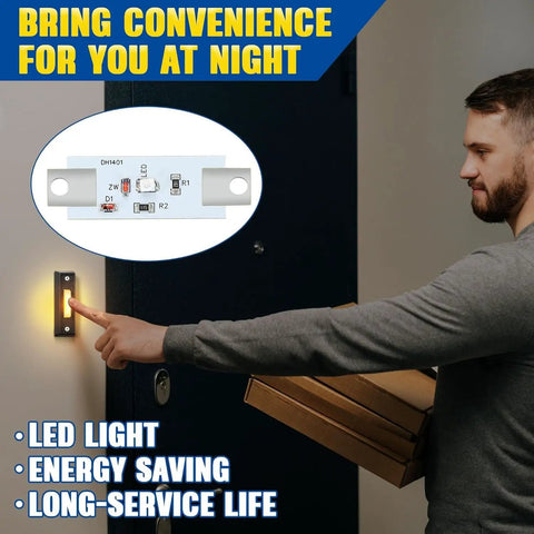 Person using Lighted Wired Doorbell Button With LED Glow For Garage And Home Entry Easy Install No Brainer Wall Mounted Push Button Replacement Compatible With Most Low Voltage Chimes And Transformers Black Warm Light