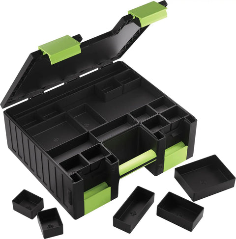 All-In-One Double-Sided Card Case For Cards And Gaming Accessories With 19 Removable Trays In 5 Sizes Holds 6 Commander Decks Or Up To 80 Cards Game Night Ready For Tokens Dice And Tools Black And Green.