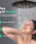 Matte Black Wall Mounted Rain Shower System With 9 Inch Rain Shower Head, Three-Way Shower Set in use, woman enjoying shower