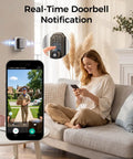 Woman using smartphone to view delivery through Heavy Duty WiFi Video Smart Lock With Handle, 5 In 1 Keyless Entry System.