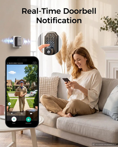 Woman using smartphone to view delivery through Heavy Duty WiFi Video Smart Lock With Handle, 5 In 1 Keyless Entry System.