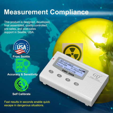 GMC-300S Geiger counter, white handheld radiation detector with LCD display and four control buttons (front view)