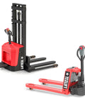 Rock Solid Full Electric Walkie Pallet Stacker Forklift 3300 Lb Capacity with red lift design and heavy gauge forks.