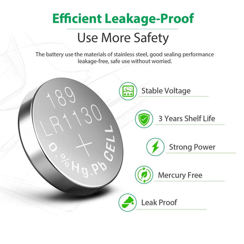Close-up of LR1130 AG10 Button Cell Battery 1.5V Alkaline Power Cells showing robust leakage-proof design and labeling.