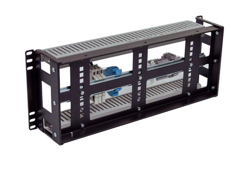 Side view of 4U Rackmount Low Profile DIN Rail Panel, 3.78 Inch Depth, Heavy Duty 14 Gauge Steel for 19 Inch 2 Post or 4 Post Racks