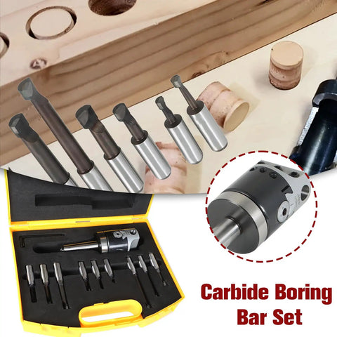 Nine Piece One Half Inch Carbide Boring Bar Set with MT2 Handle and case showcasing tools and precision machining applications