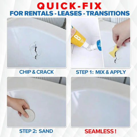 Pro Grade Tub And Sink Repair Kit White For Acrylic Enamel Fiberglass Surfaces fixing crack in tub, showing mix and apply steps.