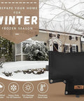 Insulated Backflow Valve Cover For Pressure Vacuum Breakers Winter Weather Shield in front of a snow-covered house.