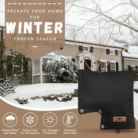 Insulated Backflow Valve Cover For Pressure Vacuum Breakers Winter Weather Shield in front of a snow-covered house.