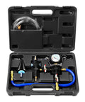 Universal Auto Vacuum Coolant Filler Kit With Pneumatic Purge in case, includes adapter, hoses, and tools for radiator refilling.