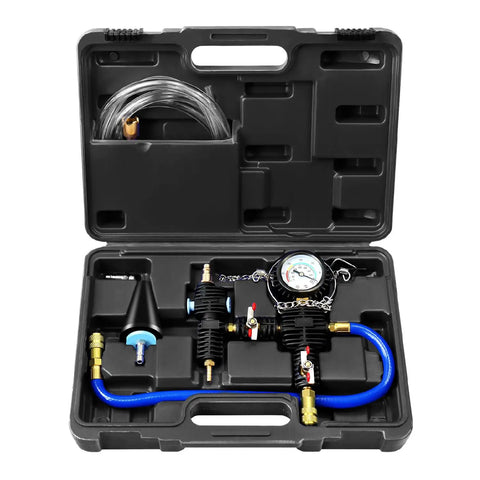 Universal Auto Vacuum Coolant Filler Kit With Pneumatic Purge in case, includes adapter, hoses, and tools for radiator refilling.