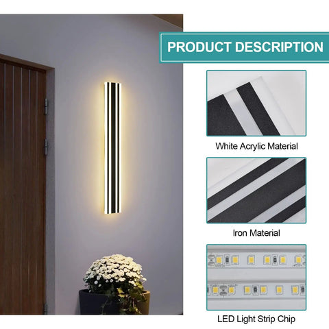 Outdoor Wall Light 20W LED Sconce, Extra Long 35.4 Inch Exterior Fixture, mounted on wall by door, with acrylic and iron details shown