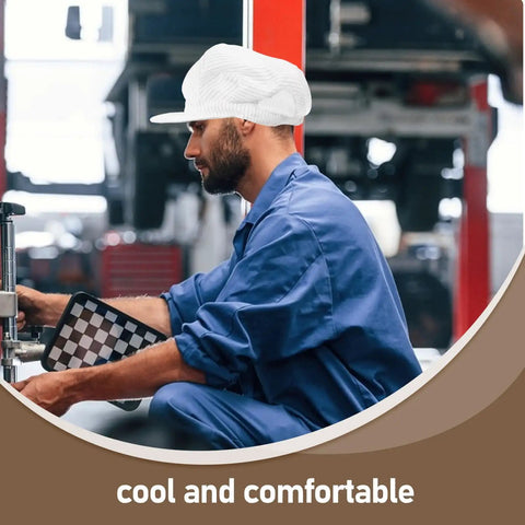 Kickass White Anti Static Mesh Working Hat With Super Breathable Ventilation worn by a worker in a blue uniform, ideal for cleanroom tasks.