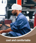 White Mesh Anti Static Work Cap Keeping Your Head Fresh Through The Daily Grind With A Rock Solid Grip Fit For Electronics Factory Cleanroom Or Workshop Dustproof Gear worn by a worker in a blue jumpsuit.