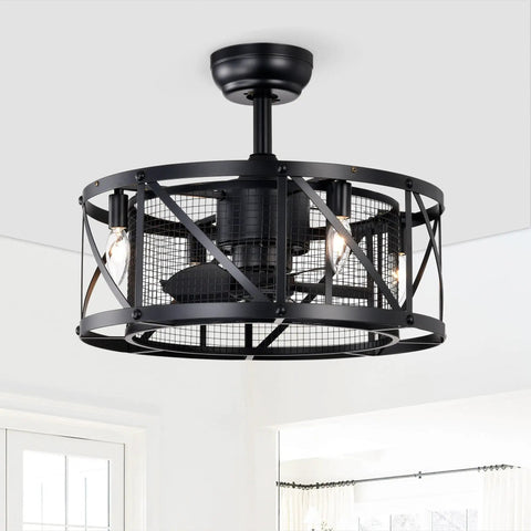 Neojoyoenix 20" 'Industrial Ceiling Fan with Remote Control,3 Speed,AC Motor, Timing,5 PC Blades Small Size - for Bedroom, Living Room ,  NOT Included Bulbs ,  Matte Black, viewed from below with exposed blades.