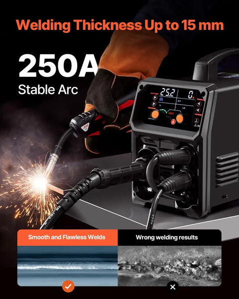 Workhorse 250A 5 In One MIG Welder With Pulse Arc Gasless MIG Flux Core MMA And Lift TIG welding demonstration with LCD display and 250A output