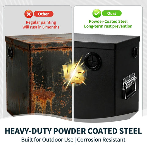 Comparison of Built Tough Stainless Steel Battery Box For Group 24 And 27 Batteries with rusted box vs powder-coated steel.