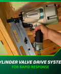 Framing Nailer With High Grade Aluminum Magazine For Tough As Nails Performance Jam Free Pneumatic Tool Accepts Two Inch To Three And A Quarter Inch Collated Nails Twenty One Degree Includes Rafter Hook NR83A5S1 in use on wooden beam