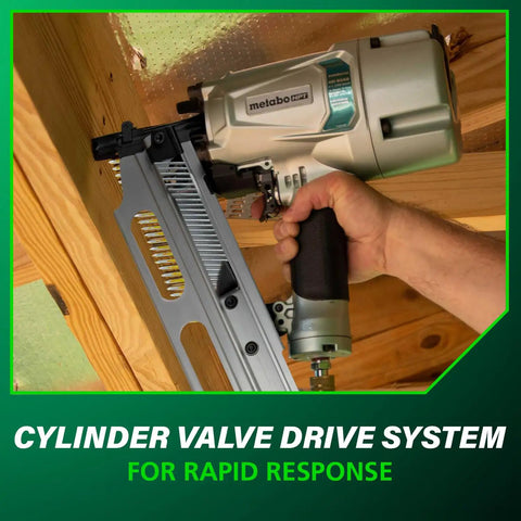 Framing Nailer With High Grade Aluminum Magazine For Tough As Nails Performance Jam Free Pneumatic Tool Accepts Two Inch To Three And A Quarter Inch Collated Nails Twenty One Degree Includes Rafter Hook NR83A5S1 in use on wooden beam