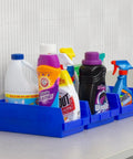 Heavy Duty Pro Grade Plastic Shelf Bins 12x8x4 Inches Blue 12 Pack For Garage Closet And Drawer Organization Versatile Storage Bins That Fit 12 18 And 24 Inch Shelves Under Sink And Cabinet Organizer used for cleaning supplies.