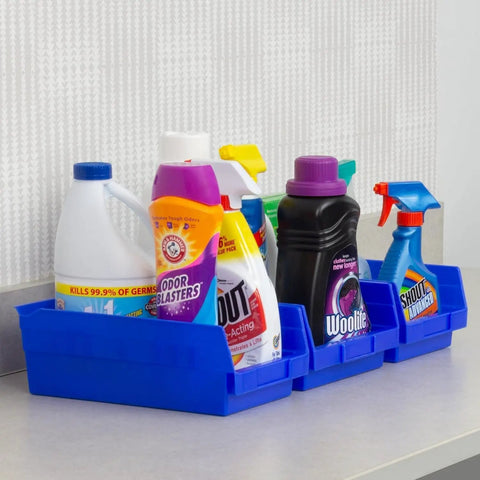 Heavy Duty Pro Grade Plastic Shelf Bins 12x8x4 Inches Blue 12 Pack For Garage Closet And Drawer Organization Versatile Storage Bins That Fit 12 18 And 24 Inch Shelves Under Sink And Cabinet Organizer used for cleaning supplies.
