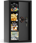 Front view of Large Home Safe Box With Heavy Duty Steel Construction, Combination Lock, Alarm System, Removable Shelves, Anti Theft Security Safe For Money Jewelry And Important Documents showing open door with valuables inside.