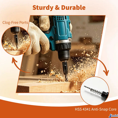 Heavy Duty Self Centering Drill Bit Set With Spring Guide Quarter Inch Hex Shank Kit For Cabinet Hinges Door Plates in use with drill.