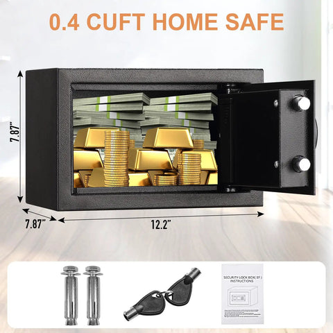 Compact Fireproof And Waterproof Boss Grade Safe Box With Keypad For Home Office And Hotel Use 0.4 Cu Ft Small Cabinet Lock Box Made Of Solid Pry Resistant Alloy Steel Black Matte Finish open showing gold bars and cash