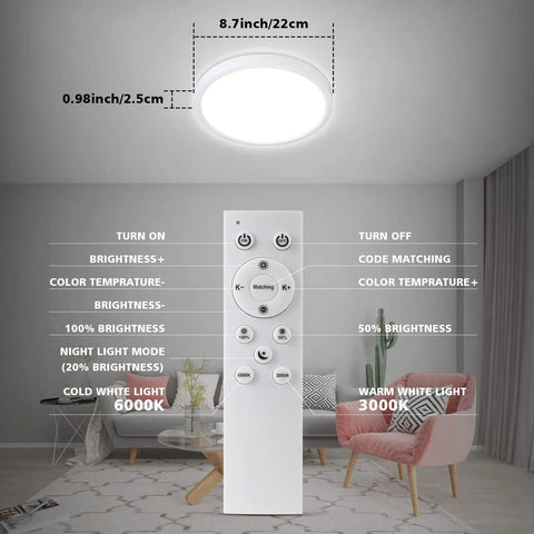 Dimmable LED Flush Mount Ceiling Light With Remote Control Dope Color Changing 3000K-6000K, 8.7 Inch in a living room