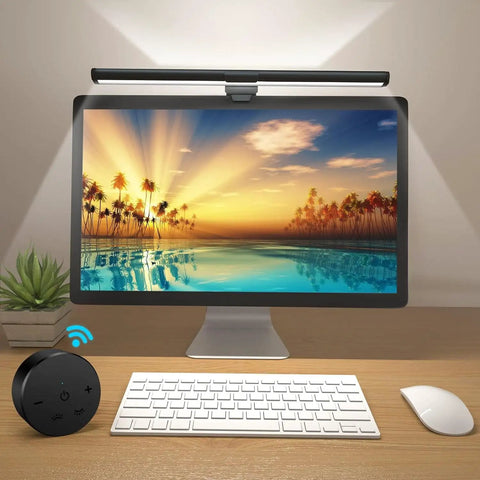 Monitor Light Bar For Eye Comfort And True Color CRI 95 Reading Lamp mounted on computer screen, desk setup with keyboard