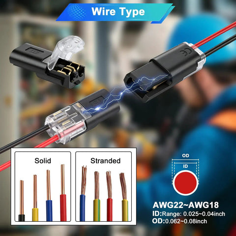 Close-up of Double Wire Plug In Connectors Pack Of 20 For Low Voltage DC Projects 22-18 AWG Wire 2 Pin Quick Snap Connectors