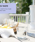 Water Filter Pitcher 10-Cup BPA Free Wisteria on outdoor table with glass of water and lemons