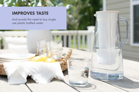 Water Filter Pitcher 10-Cup BPA Free Wisteria on outdoor table with glass of water and lemons