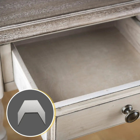 Heavy Duty Metal Drawer Stops For Dresser Track Guide Glides 24 Pack displayed on a dresser drawer, alloy steel material, close-up view.