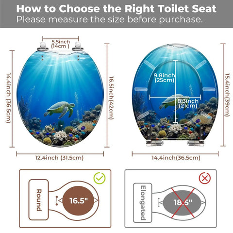 Image showing measurements for Round Resin Quiet Close Toilet Seat Cover for Bathroom, detailing size options.