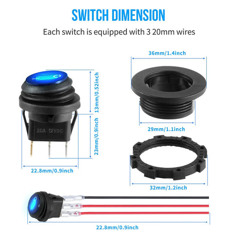 Dimensions of Waterproof 12V Toggle Switch Kit 2 Pack With Heavy Duty Blue LED Light Round Rocker Panel 6 Terminal 20cm Wires