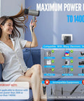 Woman using hairdryer with Universal Travel Adapter With Three USB Ports And One Type C Port, Worldwide AC Outlet Charger