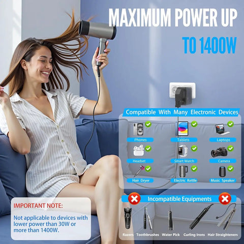 Woman using hairdryer with Universal Travel Adapter With Three USB Ports And One Type C Port, Worldwide AC Outlet Charger