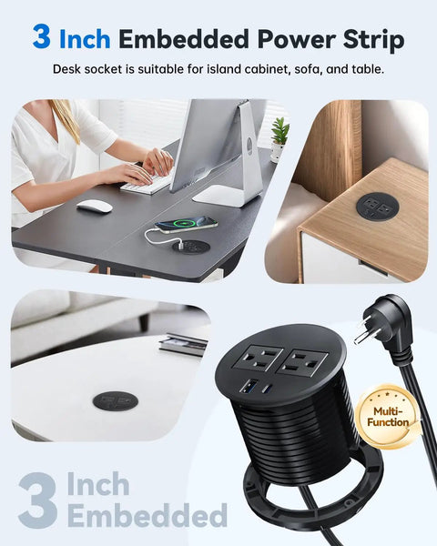 Slick Recessed Desk Power Grommet With 20W Usb C Fast Charging And Dual Usb Ports Flush Mount Strip For Office Tables Built In Electrical Outlet 3 Inches Wide 6 Feet Cord 45 Degree Flat Plug Zero Clutter Setup on a modern desk.