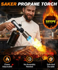 Chef using Propane Torch Gun With Adjustable Flame And Safety Lock For BBQ Grilling Camping And Searing Steaks Delivers 3272F High Heat