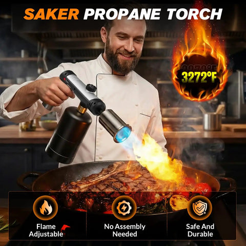 Chef using Propane Torch Gun With Adjustable Flame And Safety Lock For BBQ Grilling Camping And Searing Steaks Delivers 3272F High Heat