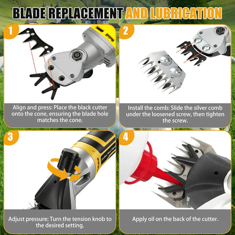Blade replacement and lubrication guide for No Sweat Heavy Duty Cordless Sheep Shears For Dewalt 20V Max Battery Not Included.