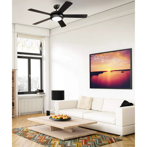 Comet Indoor 52 Inch Ceiling Fan With Light In Matte Black installed in modern living room, reversible blades