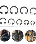 100 Piece Steel Snap Ring Set For Shafts And External Circlips, assortment with mechanical applications shown