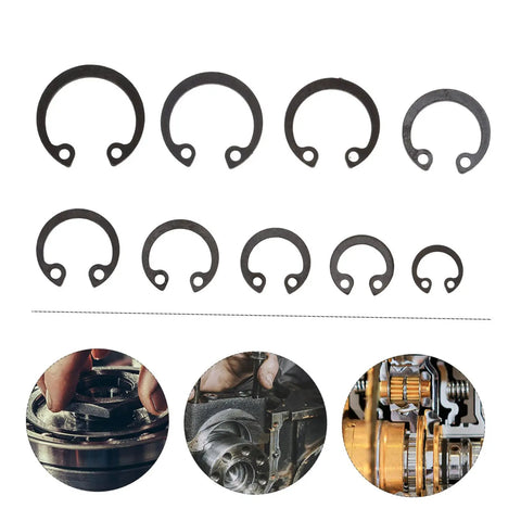 100 Piece Steel Snap Ring Set For Shafts And External Circlips, assortment with mechanical applications shown