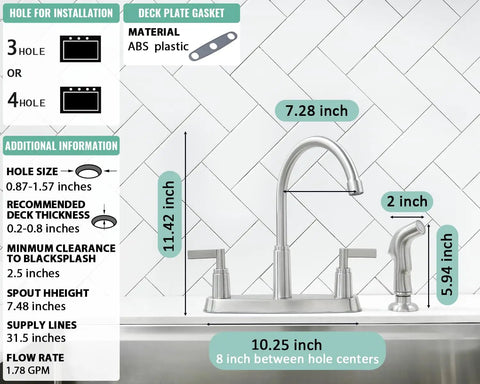 Heavy Duty Brushed Nickel Kitchen Faucet With Side Sprayer And Stainless Steel Body, Dual Lever Handles, Smooth 360 Swivel Spout, Straight Up Upgrade For RV Or Utility Sinks, Super Easy Install shown with installation dimensions.